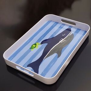 17" × 11.5" Shark & Sea Turtle Melamine Tray Pottery Barn Kids Blue White Stripe